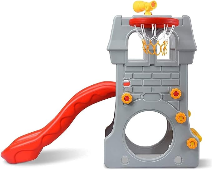 Costzon Toddler Slide Playground Climber Set, 5 in 1 Slide for Kids with Basketball Hoop, Telescope, Crawl Through Space, Easy Climb Stairs, Kids Large Slide Playset Gift for Both Indoor Outdoor Use