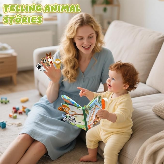 Baby Toys 0-6 Month, Crinkle Books for Babies, Jungle Tails Soft Baby Cloth Books 6 to 12 Months with 10 Pcs Jungle Animal Finger Puppets, Infant Tummy Time Sensory Toys, Newborn Gifts for Boys Girls