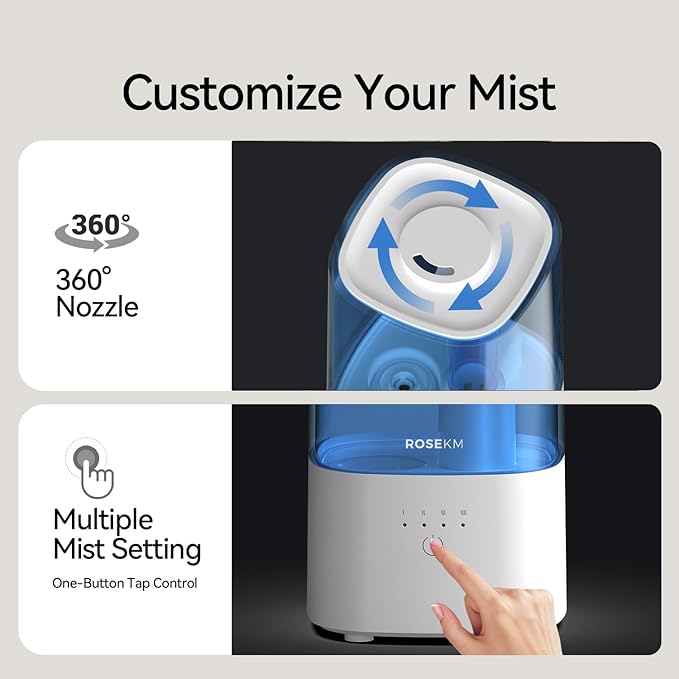 Cool Mist Humidifiers for Bedroom, 2.0L Small Humidifier for Baby and Plant, Last Up to 10H on Max Mist Setting, Auto Shut-Off, Auto-Off Indicator, 360ยฐ Nozzle