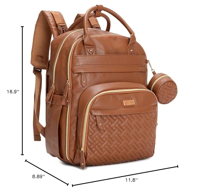 BabbleRoo Leather Diaper Bag Backpack - Baby Essentials Travel Baby Bag, Multi function, Waterproof, with Changing Pad, Stroller Straps & Pacifier Case – Unisex, Natural Brown