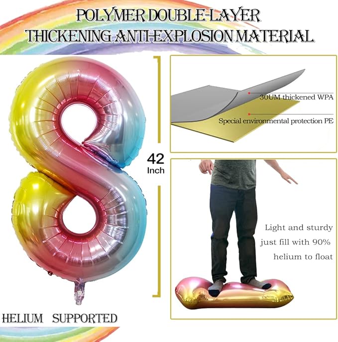 GOER Rainbow Foil Balloons Number 8,Huge Number Balloons for 8th 18th 28th 38th 48th Birthday Party Supplies Anniversary Decorations (3 pcs,42 inch,32 inch,16inch)