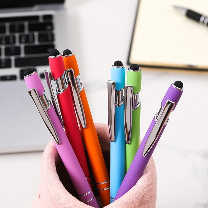 Ballpoint Pen with Stylus Tip, Soft Touch Click Metal Pen, 1.0mm Medium Point, Black Ink, 12 Count(Light Blue)