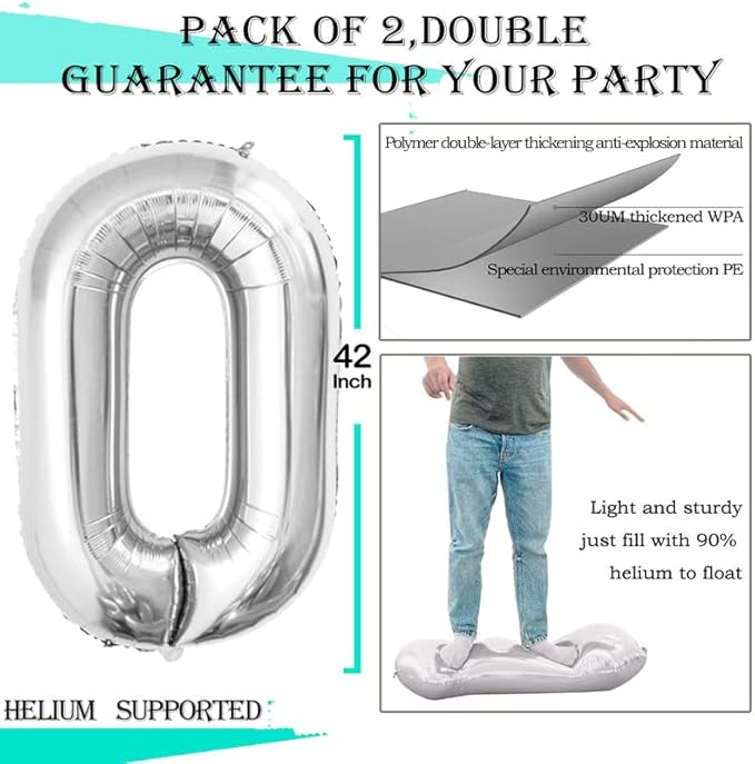 GOER Silver Foil Balloons Number 0,Huge Number Balloons for 10th 20th 30th 40th 50th 60th 70th 80th 90th 100th Birthday Party Supplies Anniversary Decorations(3 pcs,42 inch,32 inc,16inch)