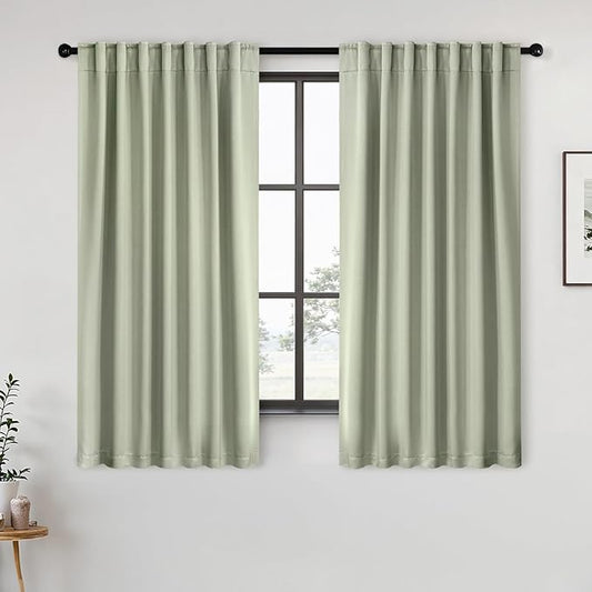 ANRODUO Back Tab Blackout Curtains for Bedroom Living Room, Rod Pocket Pinch Pleated Thermal Insulated Room Darkening Curtains 36 Inches Long 2 Panels, Sage Green, 42 x 36 Inch