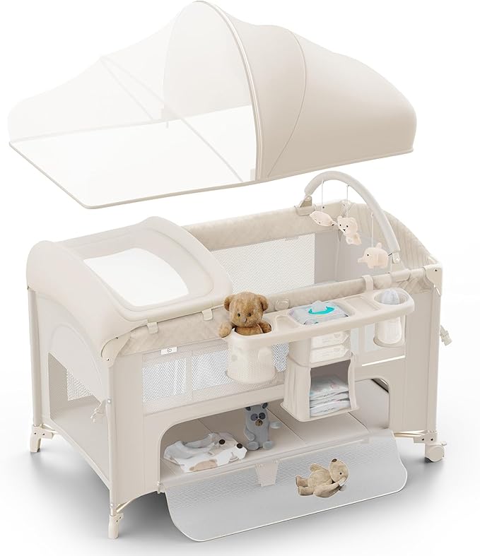4 in 1 Baby Bassinet, Pack and Play, Bedside Crib Sleeper, Diaper Changer - Comes with Mattress, Mosquito Net,Bottom Storage and Toy Bar for Newborn to Toddles