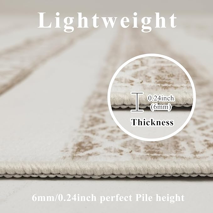 4x6 Washable Area Rug for Living Room, Carpet for Bedroom,Boho Soft Faux Wool Retro Dining Room Rug, Non Slip&Non-Shedding Resistant Low Pile Vintage Print Rug for Home Office (Beige)