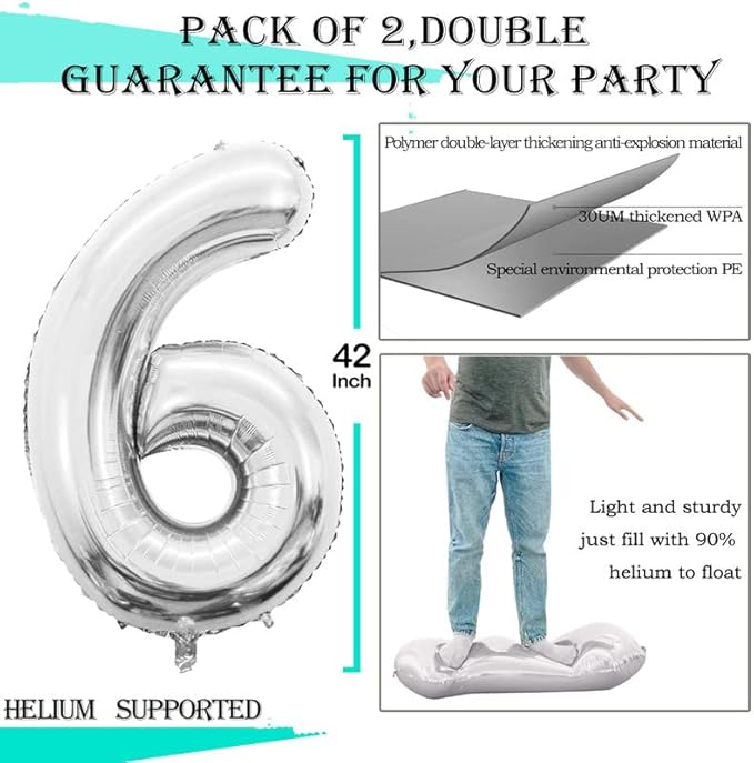 GOER Silver Foil Balloons Number 6,Huge Number Balloons for 6th Birthday Party Supplies Anniversary Decorations(3 pcs,42 inch,32 inc,16inch)