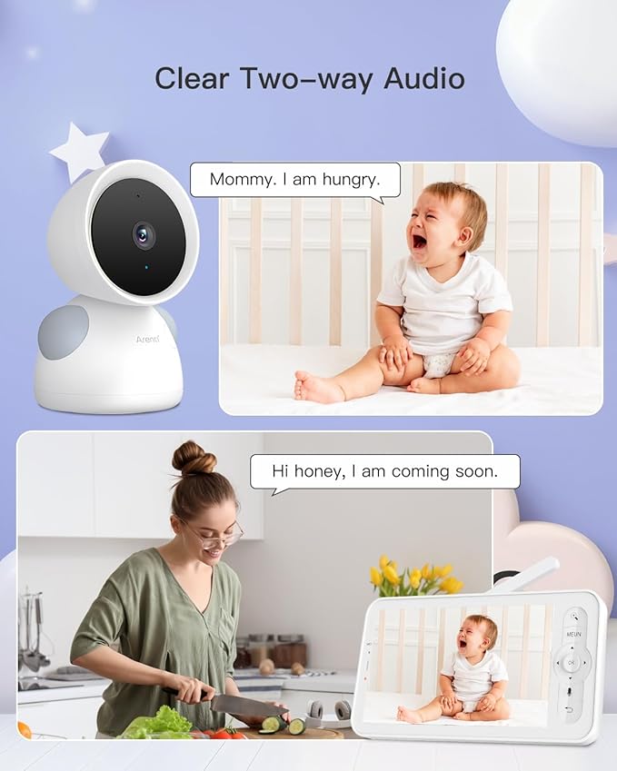 ARENTI Baby Monitor, 2K/3MP WiFi 6 Camera and Audio, 5-inch Wireless Screen, Smartphone App, Super Night Vision, Crying Detection, Auto Tracking, Temp&Humidity Sensor, Cloud&SD Card Storage (D3 Kit)