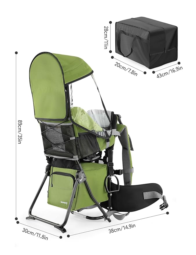 besrey Baby Backpack Carrier, Toddler Hiking Backpack with Safety 3-Height Seat, Adjustable Straps&Waist Belt, Foldable Frame Lightweight Large Capacity Child Carrier for Hiking (Army Green)