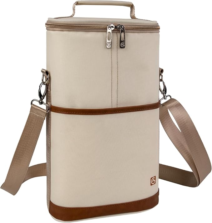 ALLCAMP 2 Bottle Wine Tote Carrier - Insulated Portable Padded Canvas Wine Bag for Travel, BYOB Restaurant, Wine Tasting, Party, Great Christmas Day Gift for Wine Lover,Cream-colored