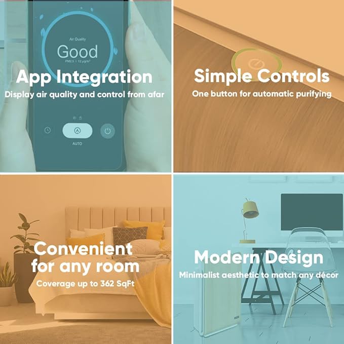 Aspen One Button Air Purifiers for Home, Cleans 1500 SqFt in 50min and 362 SqFt in 12min, HEPA Air Purifier with Automatic and App Control - Filtrate 99.97% of Smoke, Pollen, and more - Gold Oak