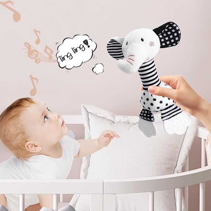 Black & White Elephant Baby Toys 0-12 Months - Plush Sensory Rattle with Teether, Wind Chime, BB Squeaker & Embroidery for Visual, Hearing & Cognitive Development