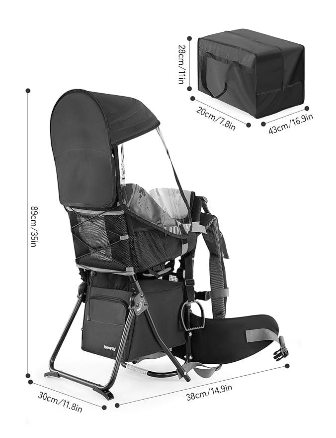 besrey Baby Backpack Carrier, Toddler Hiking Backpack with Safety 3-Height Seat, Adjustable Straps&Waist Belt, Foldable Frame Lightweight Large Capacity Child Carrier for Hiking (Black)