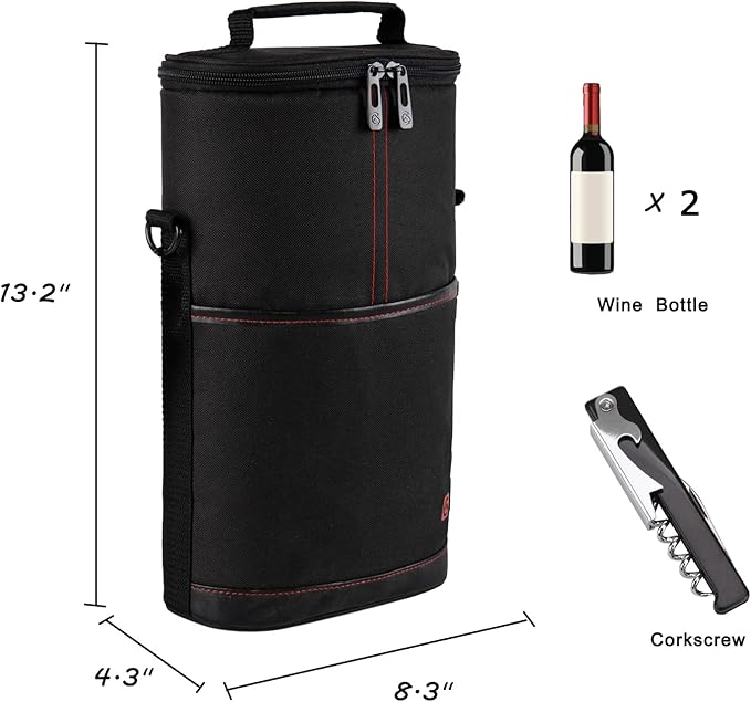 ALLCAMP 2 Bottle Wine Tote Carrier - Insulated Portable Padded Canvas Wine Bag for Travel, BYOB Restaurant, Wine Tasting, Party, Great Christmas Day Gift for Wine Lover,Black