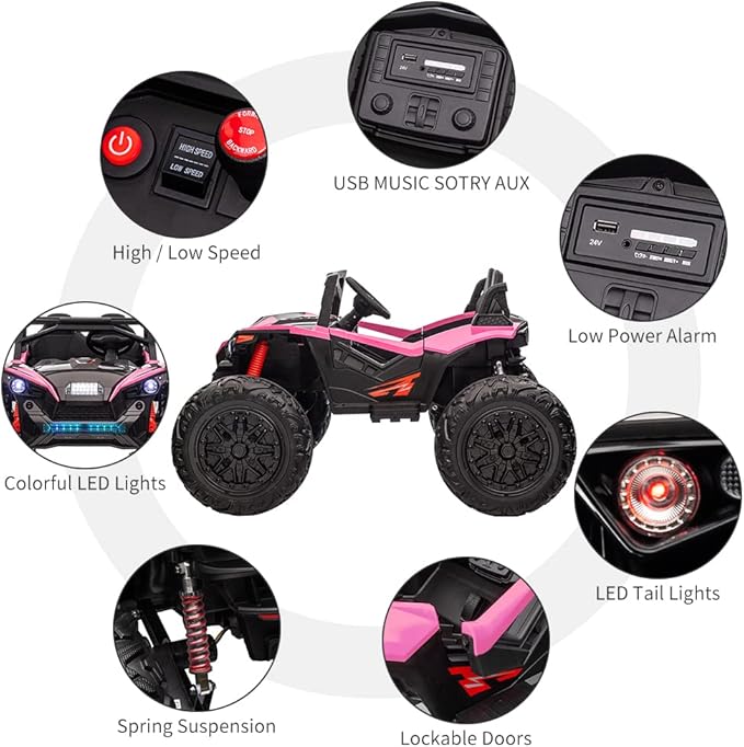 2 Seaters 24V Ride on UTV with Remote Control,10AH Battery, 400W Powerful Motors with 17" EVA Wheels, 20.5β Seat Width Electric Ride Toy with Metal Suspension,LED Lights,Music,Horn (Rose)