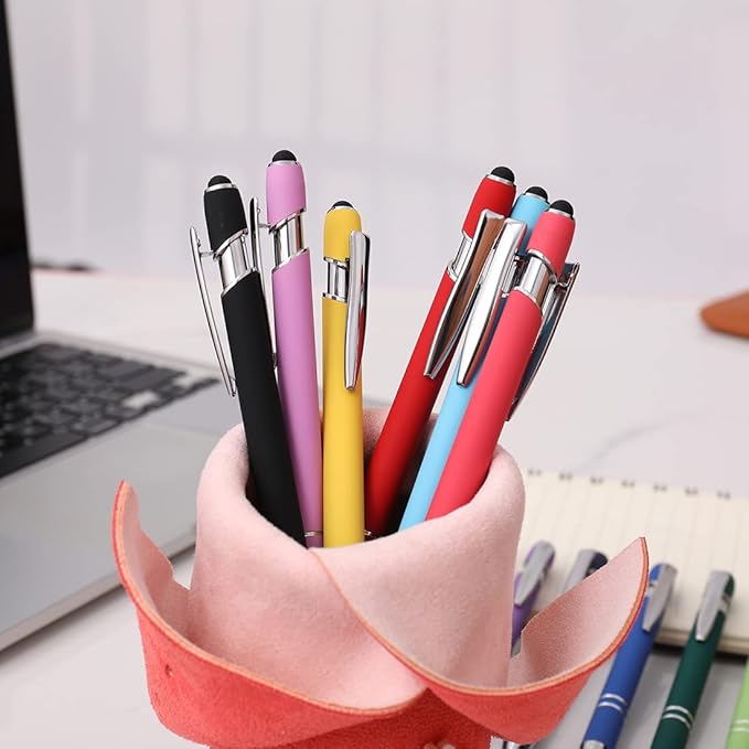 Ballpoint Pen with Stylus Tip, Soft Touch Click Metal Pen, 1.0mm Medium Point, Black Ink, 12 Count(Red)