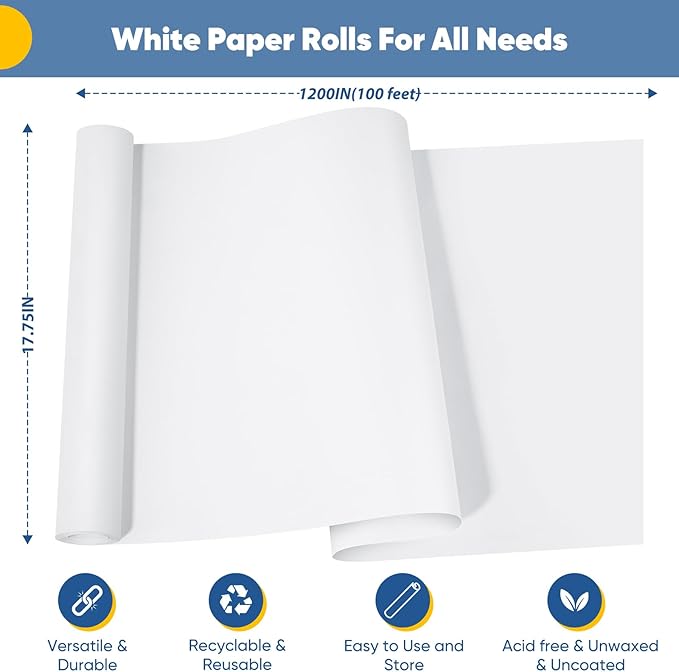 Art Paper Roll for Crafts, Drawing & Painting, 17.75"x1200" (100') White Gift Wrapping Craft Kraft Bulletin Board Poster Banner Coloring Paper, Kids Art Supplies, Wedding Floral Supplies 80GSM 55LB