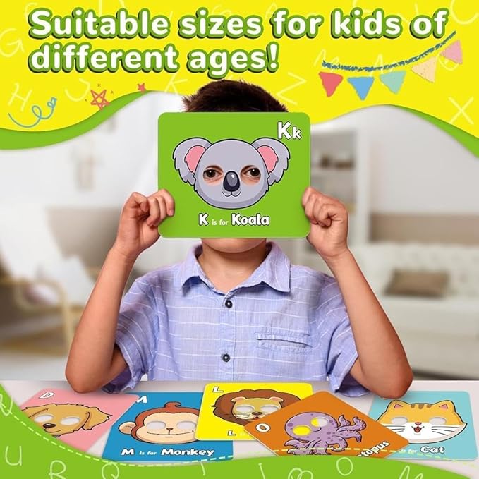2025 New Alphabet ABC Flash Cards with Animal Masks, 26 Pcs Animal mask Alphabet Cards, Interactive Education Games, Learn Letters, English Phrases