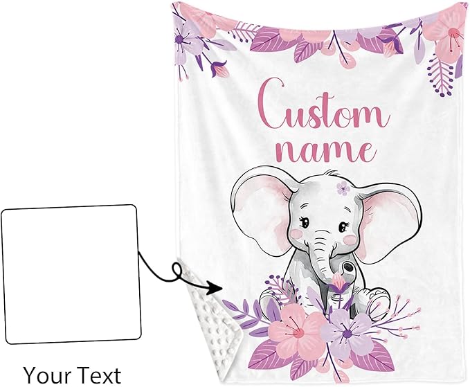 Custom Name Crib Bedding Set - Elephant Theme, Personalized Purple FlowerNursery Bedding 3-Piece Set– Soft Blanket, Fitted Sheet, Changing Pad Cover – for Newborns Girls Nursery Gifts