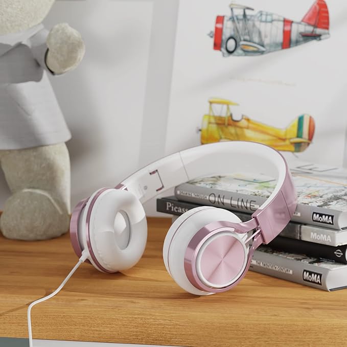 AILIHEN Kids Headphones, Headphones for School Girls Wired On-Ear Headsets with Microphone for Chromebook Laptop Computer, Foldable Adjustable Teen, Tangle-Free, 3.5mm Jack (Rose Gold)