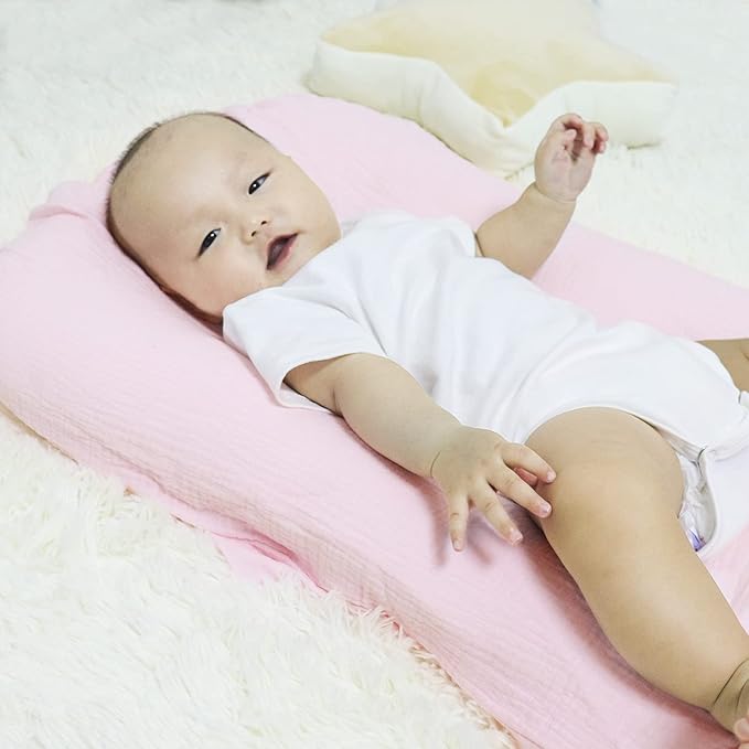 Hooyax Muslin Baby Lounger Cover Soft Organic Cotton Slipcover Fits Newborn Lounger for Baby Boys and Girls (Pink)