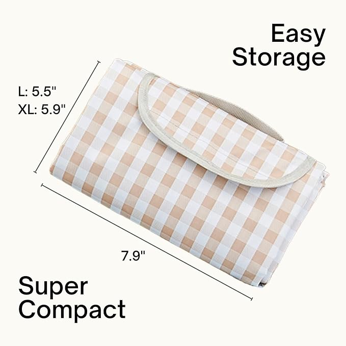 Cute Gingham Picnic Blanket, Waterproof Foldable, in Large 80x60in and Extra Large 80x80in, Portable Compact Beach Blanket, Oversized XL Outdoor Mat (Tan, X-Large)