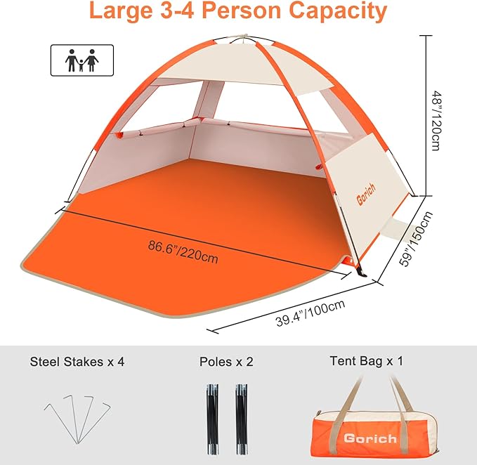 Gorich Beach Tent Sun Shelter for 3/4-5/6-7/8-10 Person with UPF 50+ UV Protection, Lightweight & Easy Setup Beach Shade Canopy, Portable Beach Shade Tent Beach Cabana