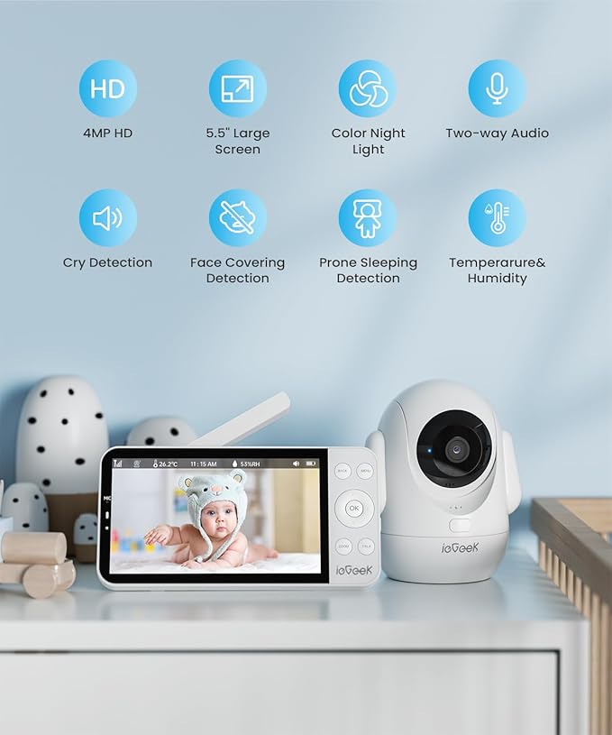 ieGeek 5.5โโ Split-Screen Baby Monitor,2.5K UHD Baby Monitor with 2 Cameras and Audio,Night Light,Prone Sleeping&Cry Detection,Two-Way Talk,Night Vision,2.4G&5Ghz WiFi App Control,4000mAh Battery