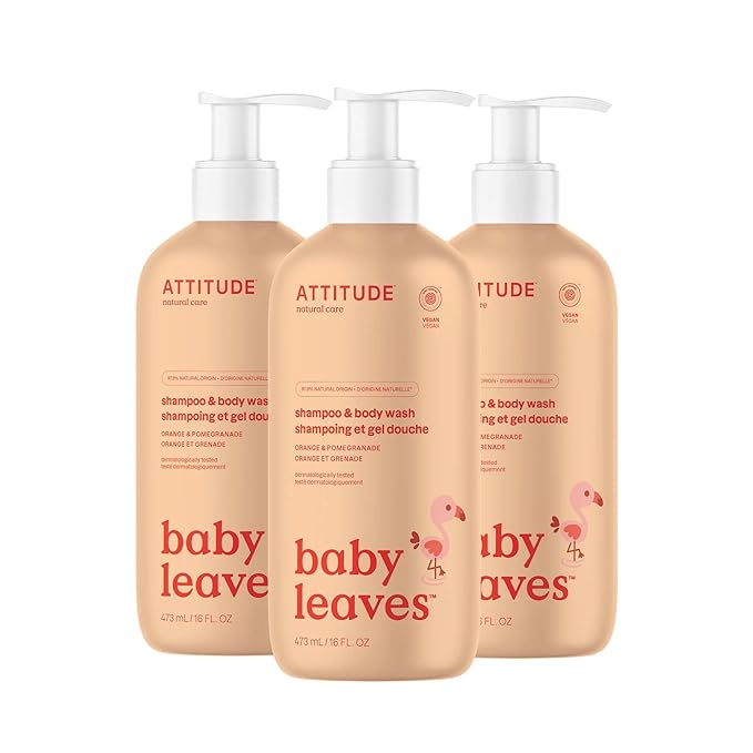 ATTITUDE 2-in-1 Shampoo and Body Wash for Baby, EWG Verified, Dermatologically Tested, Vegan, Orange and Pomegranate, 16 Fl Oz (Pack of 3)
