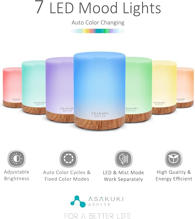 ASAKUKI 300ML Essential Oil Diffuser, Quiet 5-in-1 Premium Humidifier, Home Fragrance Aroma Diffuser with 7 LED Color Changing Light and Auto-Off Switch -Light Brown