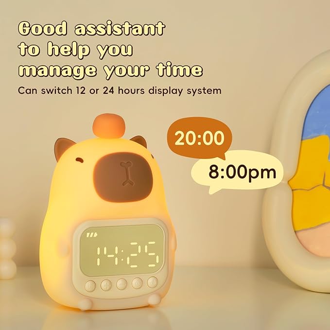 Capybara Alarm Clock with Night Light for Kids, Cute Alarm Clocks for Bedrooms Ok to Wake Clocks, Silicone Animal Tabletop Lamp for Teen Girls Boys