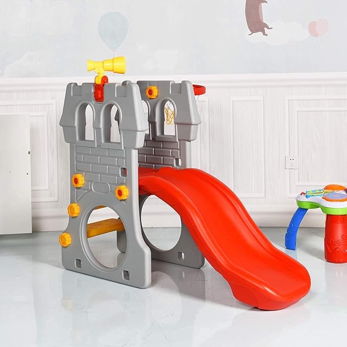 GLACER Toddler Slide, 5 in 1 Kids Climber Slide Playset w/Basketball Hoop, Telescope, Crawl Through Space, Easy Climb Stairs, Freestanding Slide Toddler Playground for Indoor and Outdoor