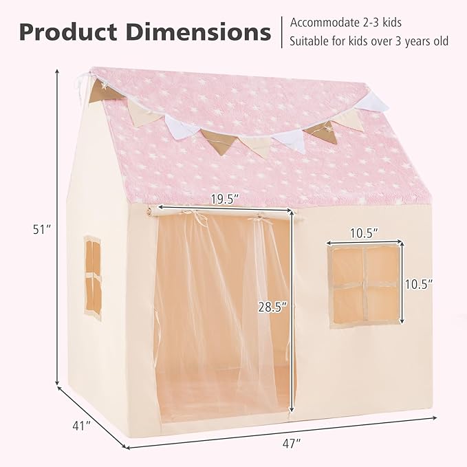 INFANS Kids Play Tent with Glow in The DarkWashable Mat Star Light Windows, Anti-Trip Large Playhouse Toys for Children Boys Girls, Indoor Outdoor Princess Tents Castle for Toddlers (Fluorescent Pink)