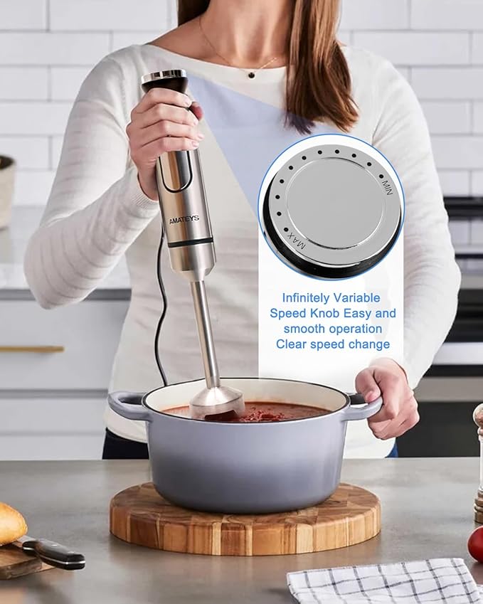 Handblender with Plug,Immersion Blender Handheld, Heavy-Duty Copper Motor, Detachable Stainless Blade Dishwasher Safe, 2 Modes with Pulse,Infinitely Variable Speed, Space-Saving Design