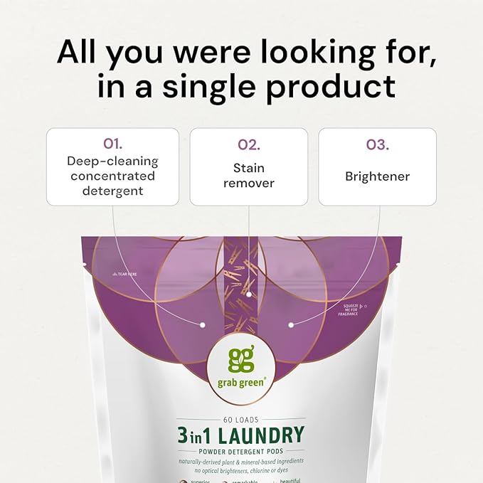 Grab Green 3-in-1 Laundry Detergent Pods, 24 Count, Vetiver Scent, Plant and Mineral Based, Superior Cleaning Power, Stain Remover, Brightens Clothes