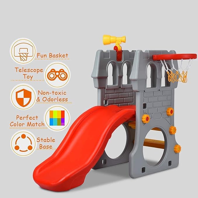 GLACER Toddler Slide, 5 in 1 Kids Climber Slide Playset w/Basketball Hoop, Telescope, Crawl Through Space, Easy Climb Stairs, Freestanding Slide Toddler Playground for Indoor and Outdoor