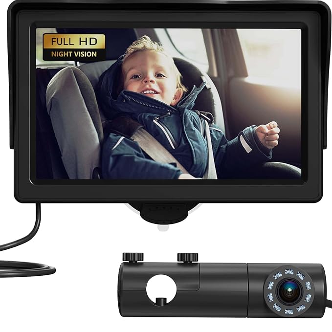 GROWNSY Baby Car Camera, HD Display Baby Car Mirror with Night Vision Feature, 4.3 inch Baby Car Camera with Monitor Wide Clear View, Backseat Camera Rear Facing to Observe Babyโs Every Move
