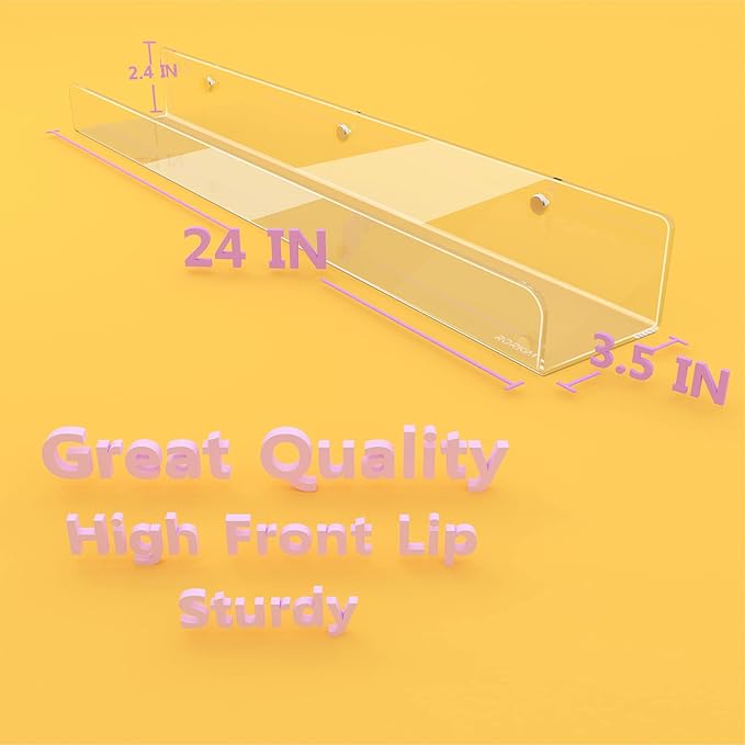 24 inches Wall Mounted Kids Bookshelf, Clear Acrylic Display Book Shelves for Kids Room Nursery Toddler Classroom 2 Packs