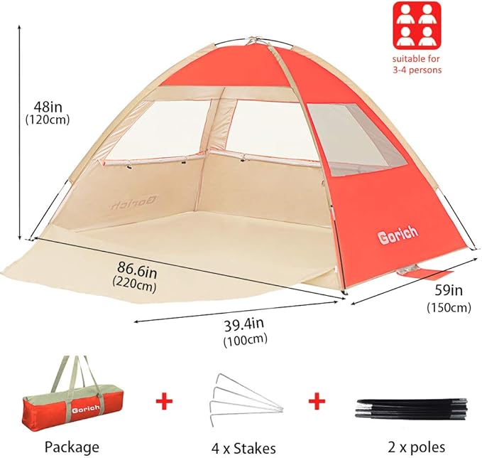 Gorich Beach Tent Sun Shelter for 3/4-5/6-7/8-10 Person with UPF 50+ UV Protection, Lightweight & Easy Setup Beach Shade Canopy, Portable Beach Shade Tent Beach Cabana