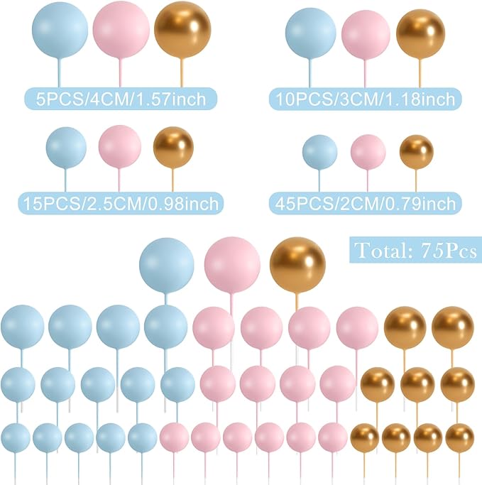 75 Pcs Cake Balls Topper Decorations Foam Cupcake Topper Mini Balloon Cake Topper Balls Cake Picks for Cake Deco Birthday Party Wedding(Blue,Pink,Gold)