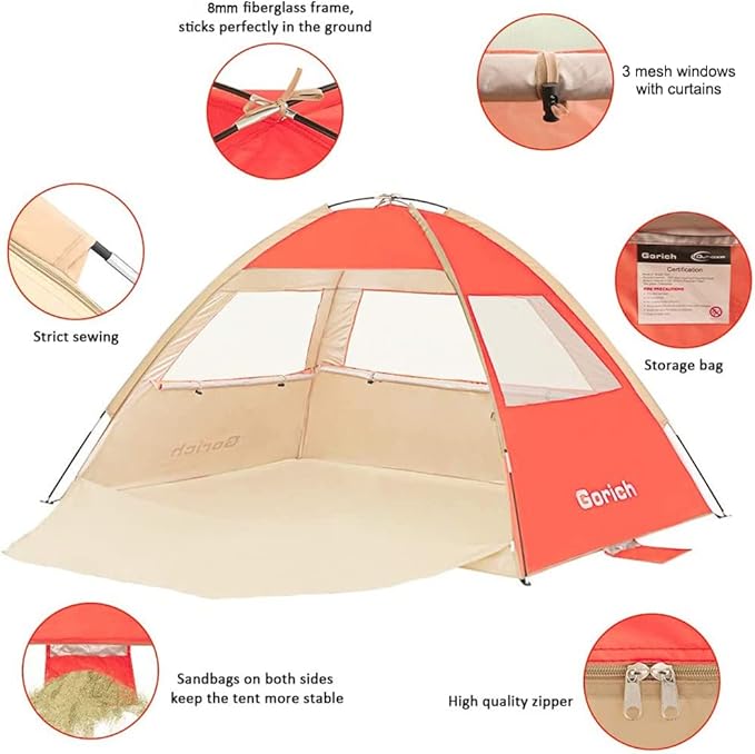 Gorich Beach Tent Sun Shelter for 3/4-5/6-7/8-10 Person with UPF 50+ UV Protection, Lightweight & Easy Setup Beach Shade Canopy, Portable Beach Shade Tent Beach Cabana