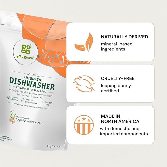 Grab Green Automatic Dishwashing Detergent Pods, 24 Count, Tangerine Lemongrass Scent, Plant and Mineral Based, Superior Cleaning, Powerful Grease Removal, Brilliant Shine