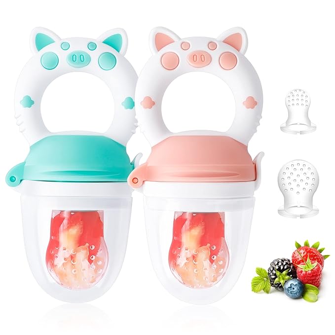 Baby Solids/Frozen Fruit Feeder Pacifier, Infant Teether Toy 4M+, BPA-Free Silicone Pouch & Nipple, Safely Introduce Solids, Teething Relief, 2-Pack (Piglet - Mint Green Pink, S/M/L)