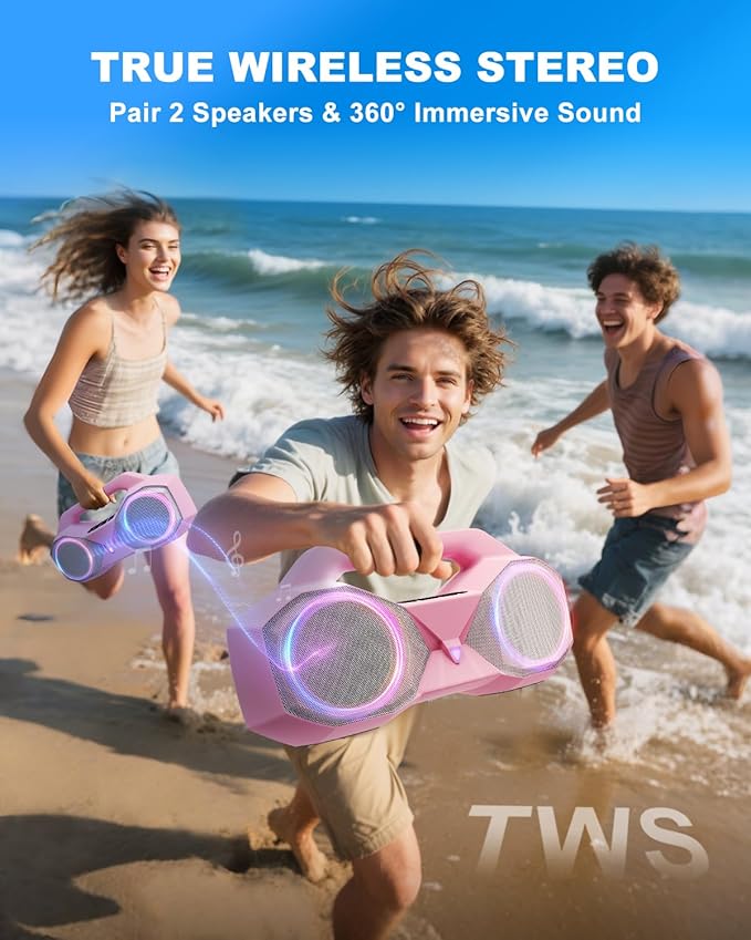 Bluetooth Speaker 80W(Peak)Loud with Bass, 20H Playtime, IPX7 Waterproof, RGB Lights, TWS, Large Portable Wireless Speakers for Outdoor, Home, Party, Pool, Beach, Tailgating, Gym, Work, Gifts (Pink)