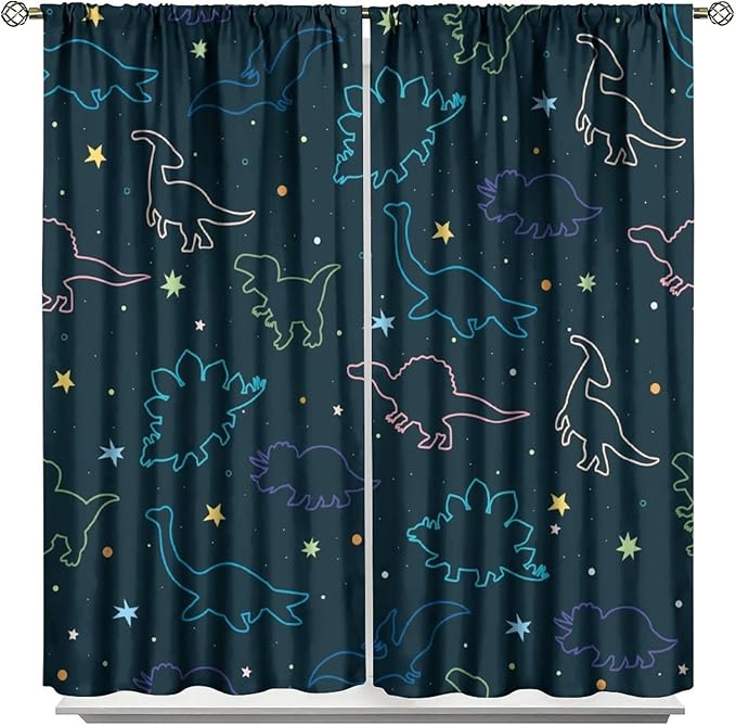 Cartoon Colorful Dinosaur Curtains for Boys Girls Home Decor, Astronaut Funny Outer Space Star Blackout Rod Pocket Window Drapes for Bedroom Living Room W21xL45in Decor