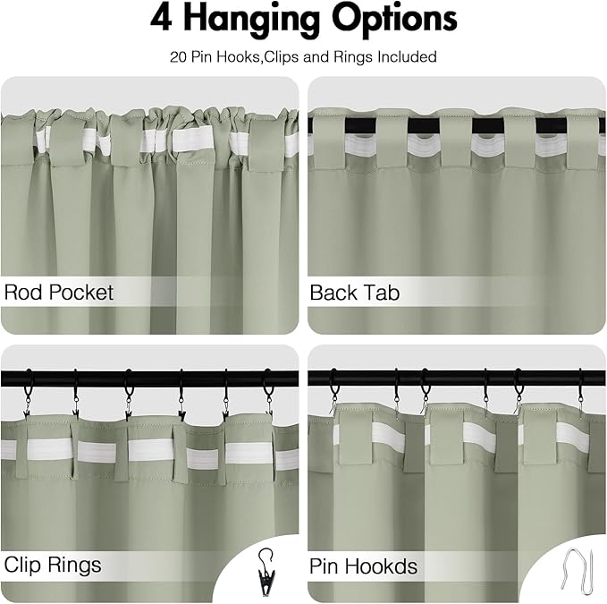 ANRODUO Back Tab Blackout Curtains for Bedroom Living Room, Rod Pocket Pinch Pleated Thermal Insulated Room Darkening Curtains 54 Inches Long 2 Panels, Sage Green, 42 x 54 Inch