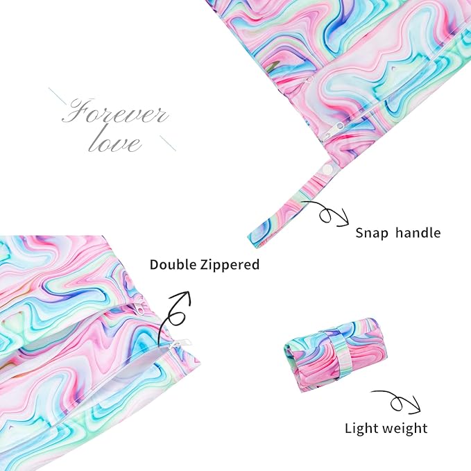 ALVABABY 3pcs Baby Cloth Diaper Wet/Dry Bags|Waterproof Reusable with Two Pockets|Travel, Beach, Pool, Daycare, Soiled Baby Items,Yoga,Gym Bag for Swimsuits or Wet Clothes Pink impression 3L-BS04