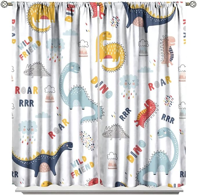 Cartoon Dinosaur Curtains for Kids Boys Girls Home Decor Colorful Cute Dino Animals Print Pattern Rod Pocket Blackout Window Drapes for Nursery Baby Bedroom Playroom W42xL84in 2 Panels