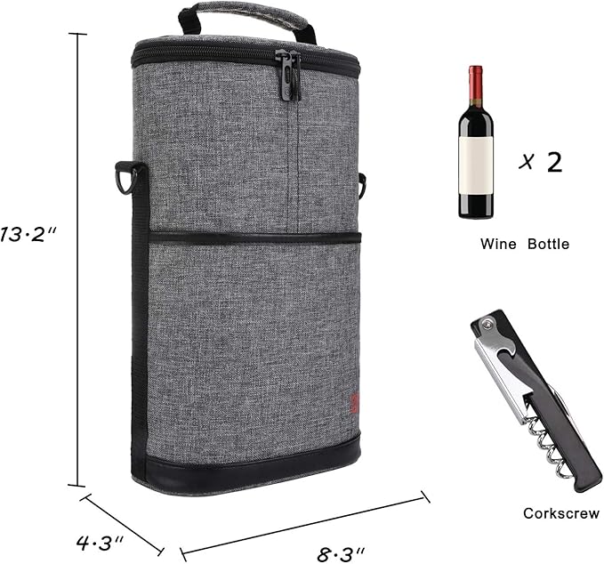 ALLCAMP 2 Bottle Wine Tote Carrier - Insulated Portable Padded Canvas Wine Bag for Travel, BYOB Restaurant, Wine Tasting, Party, Great Christmas Day Gift for Wine Lover,Gray