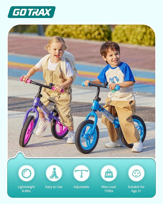 Gotrax KS12 Balance Bike for 2-5 Years Old, 12" Toddlers Bike with LED Light&Bell, Adjustable Soft Seat&Handlebar, Flat-Free Tires&Easy Assembly, Lightweight&No Pedal, Kids Toy Gift for Boys Girls